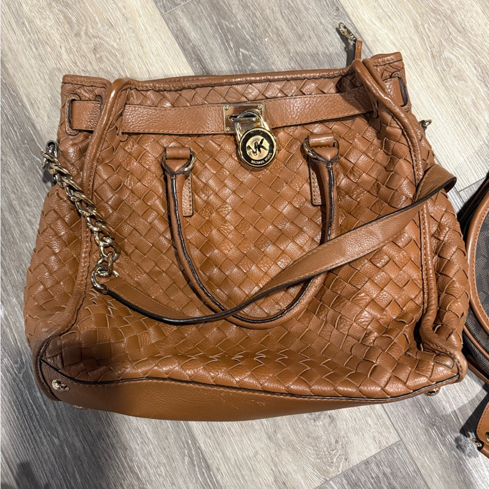 Michael Kors Cognac Woven Leather Tote with Gold Hardware